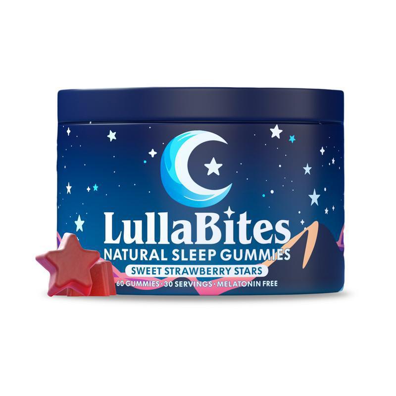 LullaBites natural sleep gummies container with star design on a white background